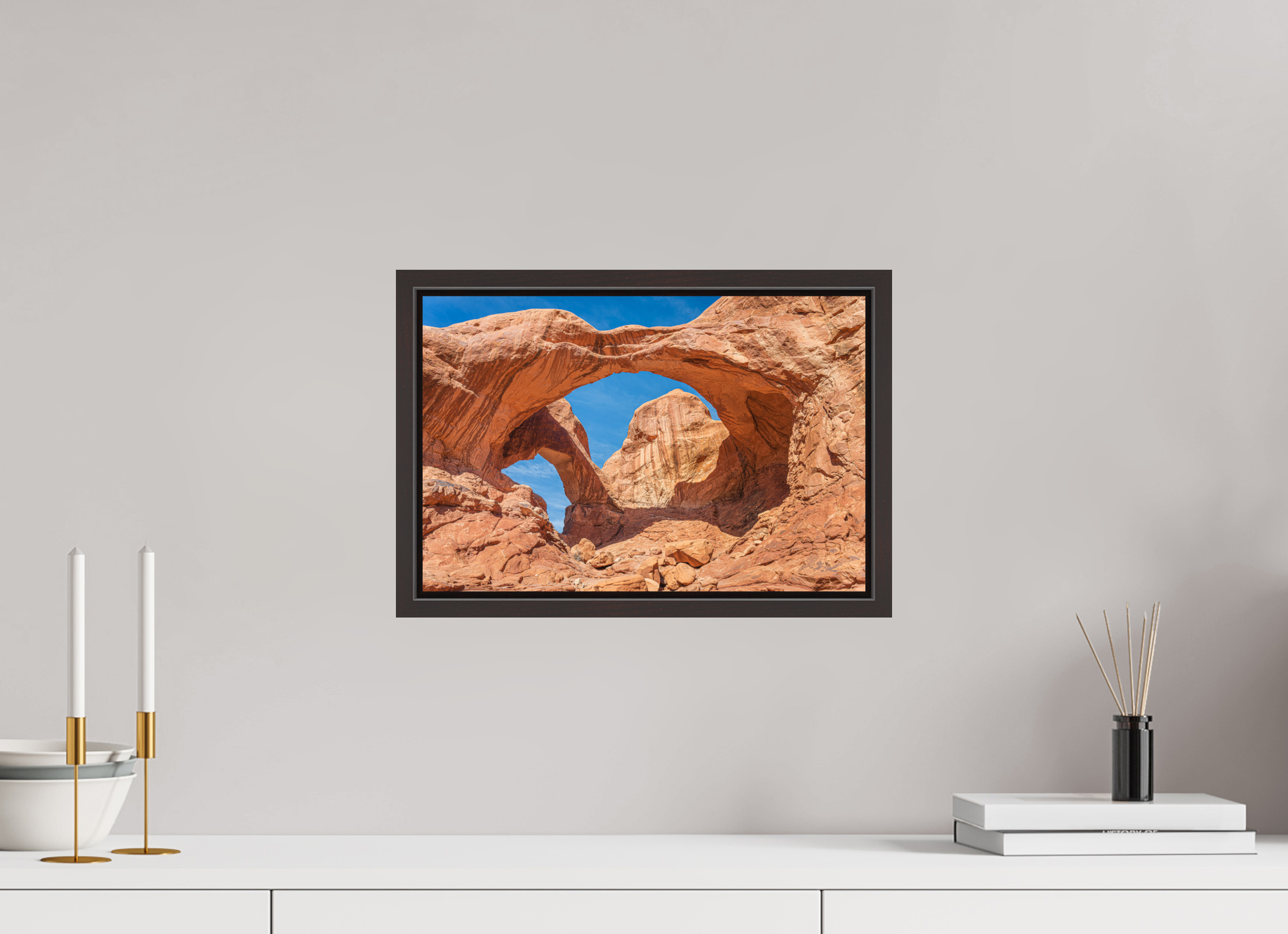 15 x 10″, Alder Brown Floater Frame Double Arch, Arches National Park, Utah
